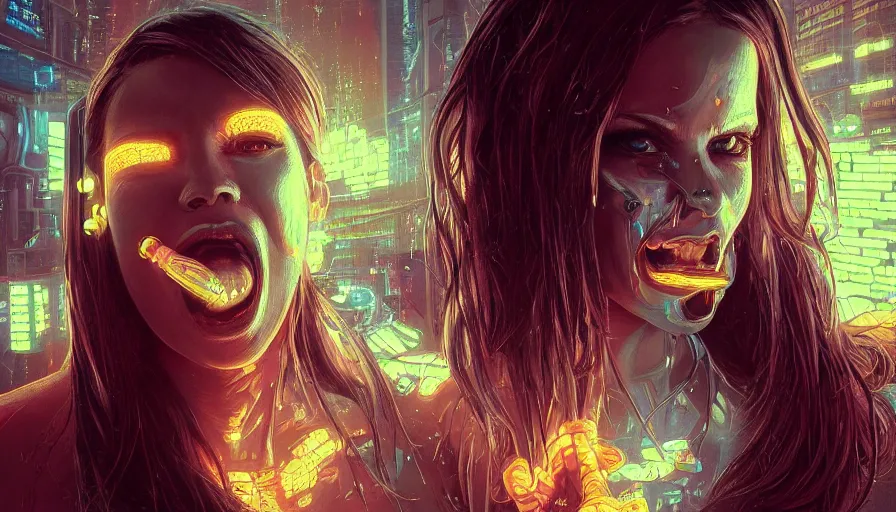 Prompt: pixelated mouth, scream, cyberpunk angry gorgeous goddess, , cigar, neon, alterd carbon, fibonacci, sweat drops, insane, intricate, highly detailed, digital painting, artstation, concept art, smooth, sharp focus, illustration, Unreal Engine 5, 8K, art by artgerm and greg rutkowski and alphonse mucha