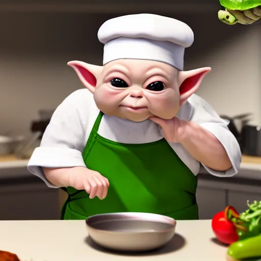 Prompt: curious innocent tiny chubby babyfat baby yoda as chef wearing white chefs hat and white apron, offering a plate of food, vegetables, photography, hyperrealism, unreal engine, octane 3 d render, houdini, unity 3 d, highres, adobe premier pro, trending on artstation, trending on deviantart, thisistheway