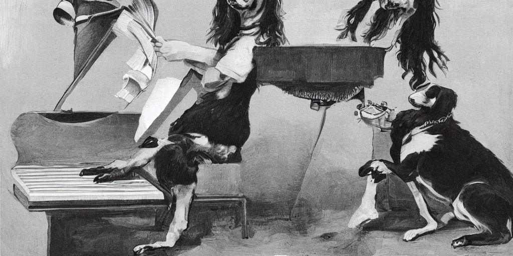 Prompt: sprocker Spaniel playing piano with a Martini on the side, book illustration, b&w