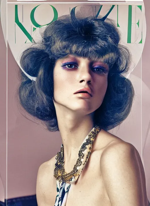 Image similar to Italian Vogue 70s vintage cover, portrait of a female model, high fashion, by Steven Meisel, 8k, octane render, ultra sharp, hyper detailed digital art