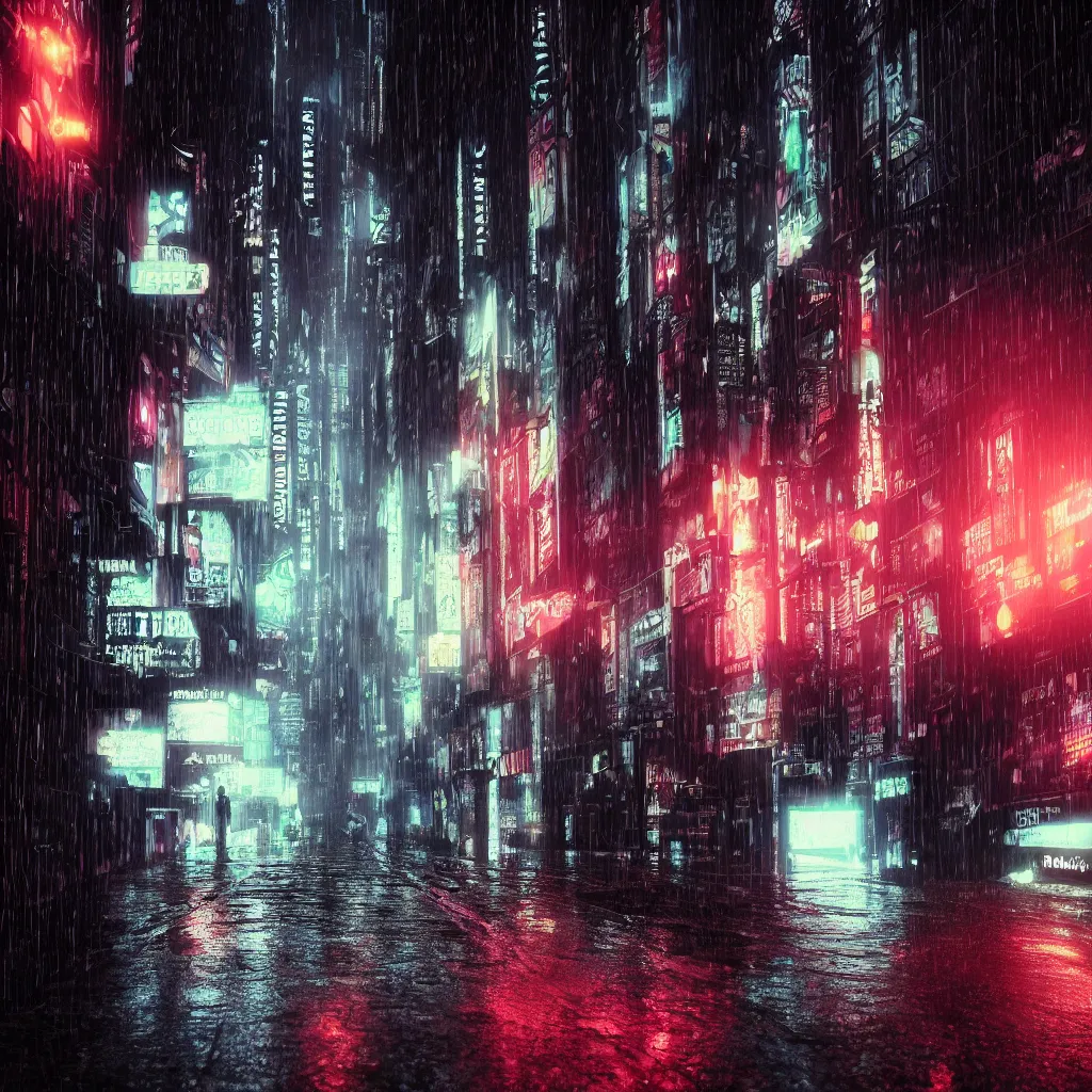 Image similar to dark city street in the rain, black cat, neon lights, cyberpunk, year 2 9 9 9, blade runner, octane render, 4 k
