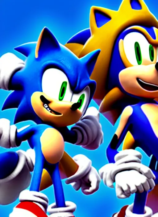 Image similar to sonic the hedgehog and jotaro kujo hanging out, unreal engine render