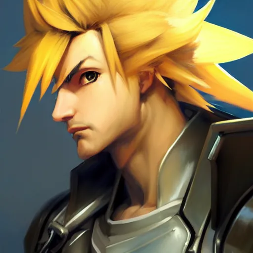 Image similar to Greg Manchess portrait painting o Cloud Strife as Overwatch character, medium shot, asymmetrical, profile picture, Organic Painting, sunny day, Matte Painting, bold shapes, hard edges, street art, trending on artstation, by Huang Guangjian and Gil Elvgren and Sachin Teng