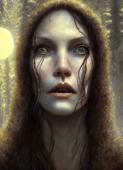 Image similar to close - up face portrait of a beautiful skinny woman crying as witch in front of the full big moon in a fantasy forest, by james gurney, greg rutkowski, highly detailed digital art, artstation