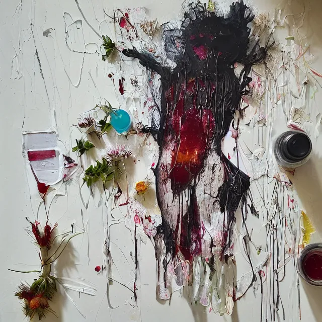 Image similar to “ a portrait in a female art student ’ s apartment, sensual, australian wildflowers, flax, flannel flower, bottlebrush, half - finished sculpture, sculpture work in progress, a candle dripping white wax, clay, squashed berries, berry juice drips, acrylic and spray paint and oilstick on canvas, surrealism, neoexpressionism ”