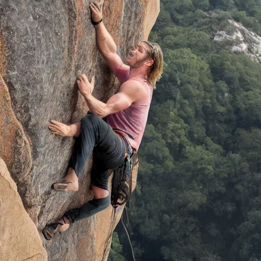 Image similar to Chris Hemsworth climbing a cliff, 4k