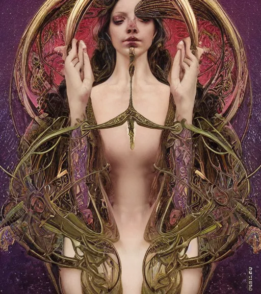 Image similar to detailed realistic beautiful young groovypunk queen of andromeda galaxy in full regal attire. face portrait. art nouveau, symbolist, visionary, baroque, giant fractal details. horizontal symmetry by zdzisław beksinski, iris van herpen, raymond swanland and alphonse mucha. highly detailed, hyper - real, beautiful