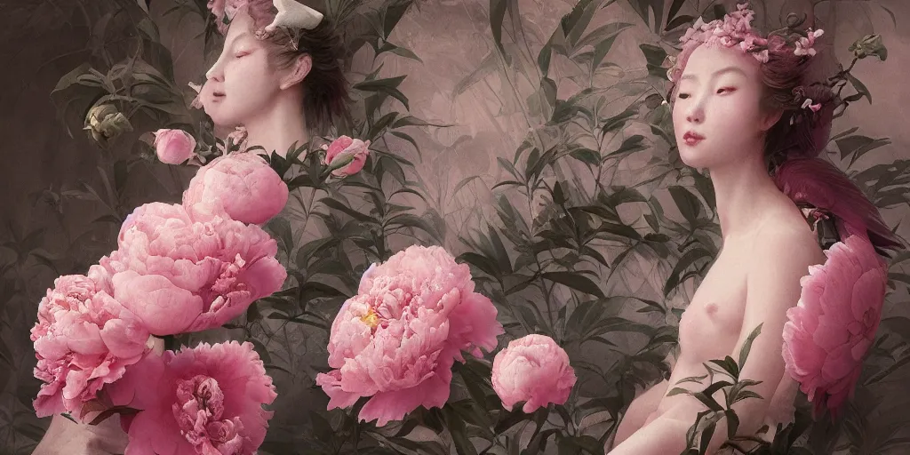 Image similar to breathtaking detailed concept art painting blend of few pink short hair goddesses of peonies flowers by hsiao - ron cheng with anxious piercing eyes, vintage illustration pattern with bizarre compositions blend of flowers and fruits and birds by beto val and john james audubon, exquisite detail, extremely moody lighting, 8 k