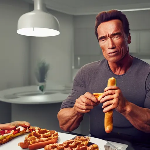 Image similar to hyperrealistic dslr film still of arnold schwarzenegger eating hotdog, stunning 8 k octane comprehensive 3 d render, inspired by istvan sandorfi & greg rutkowski & unreal engine, perfect symmetry, dim volumetric cinematic lighting, extremely hyper - detailed, incredibly real lifelike attributes & texture, intricate, masterpiece, artstation, 8 k 8 5 mm f 1. 4