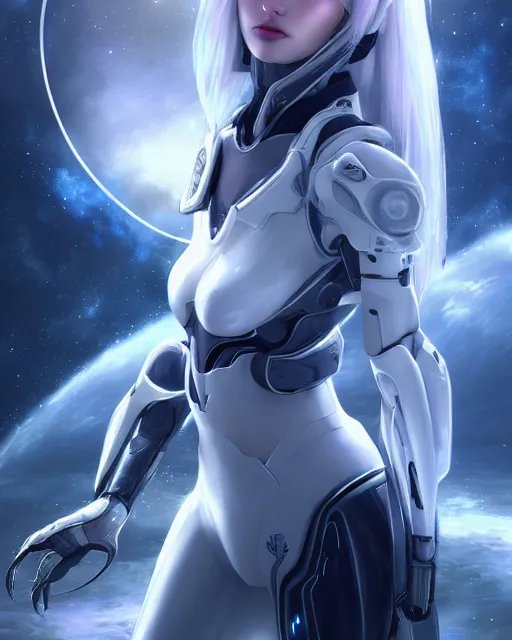 Image similar to photo of a beautiful girl on a mothership, android, warframe armor, pretty face, scifi, futuristic, galaxy, raytracing, dreamy, perfect, aura of light, pure, white hair, blue cyborg eyes, glow, insanely detailed, artstation, innocent look, art by gauthier leblanc, kazuya takahashi, huifeng huang