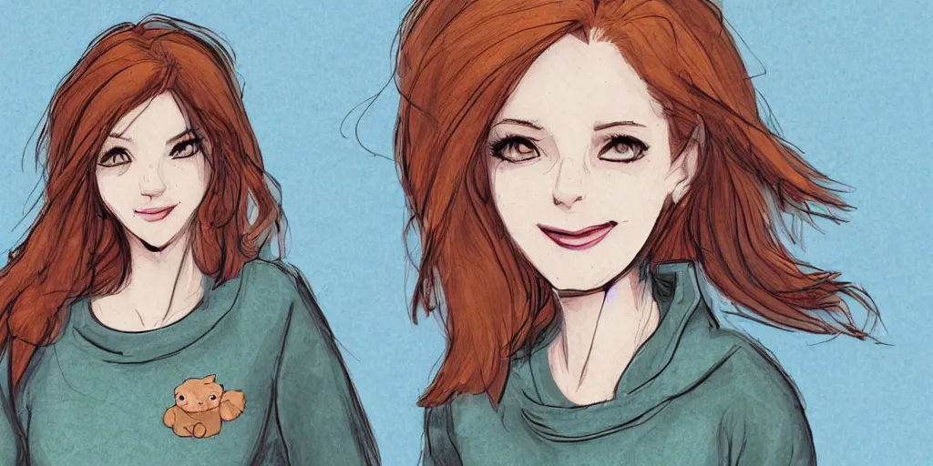 Prompt: women, ginger, cartoon, sweatshirt, concept art, concept art, bunny ears,