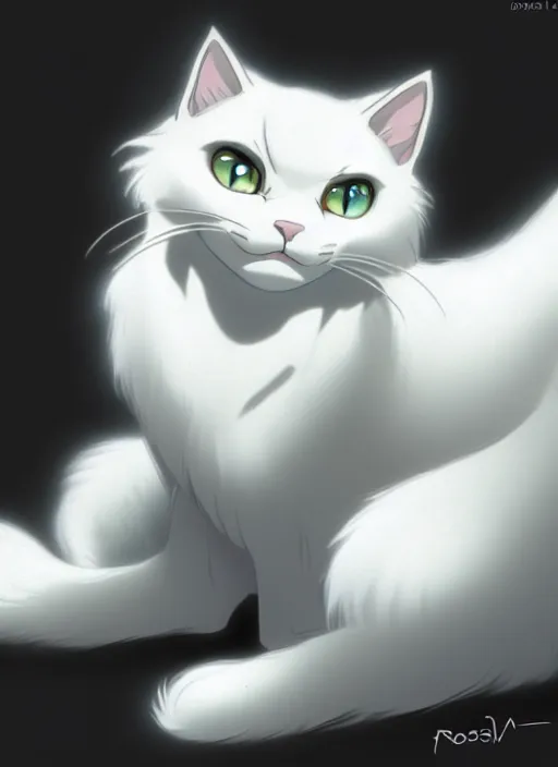 Image similar to fluffy white cat, natural lighting, path traced, highly detailed, high quality, cartoon, digital painting, by don bluth and ross tran and studio ghibli and alphonse mucha