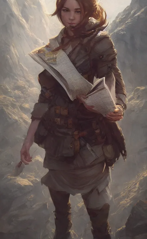 Prompt: A portrait of a beautiful female explorer holding a map, full body shot, fantasy, mountainous terrain, action shot, trending on artstation, clear portrait, 4K, by Greg Rutkowski