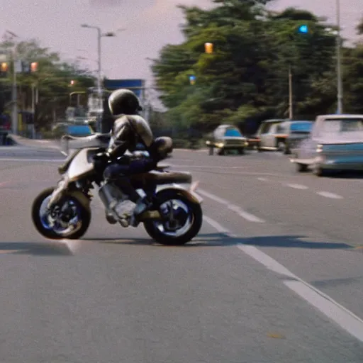 Prompt: Film still of 'Robot Future 2050' (1990). Motorcycle chase scene. Sigma 85mm f/1.4