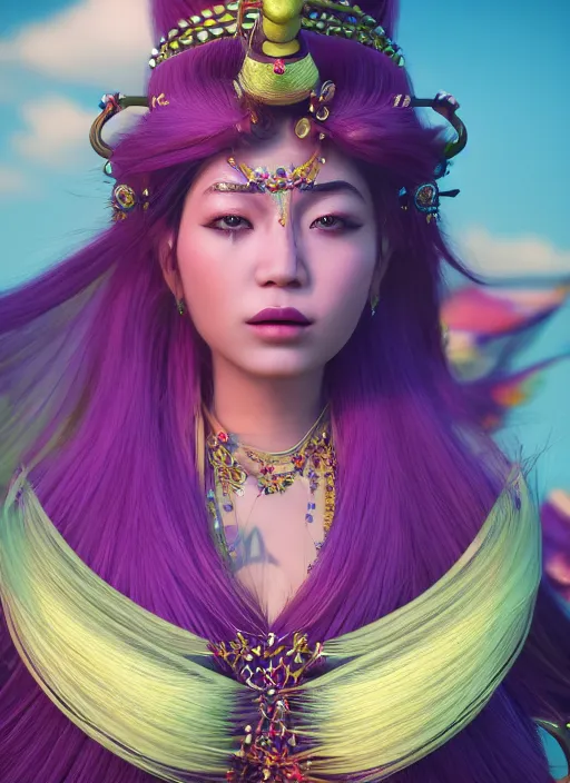 Image similar to closeup photoshoot of a asian goddess of bliss and honey, purple feathers hair, silk flowing in wind, totemic, ritualistic, tarot sigils embedded in ruby skin, photoreal, unreal engine, redshift render, trending on artstation