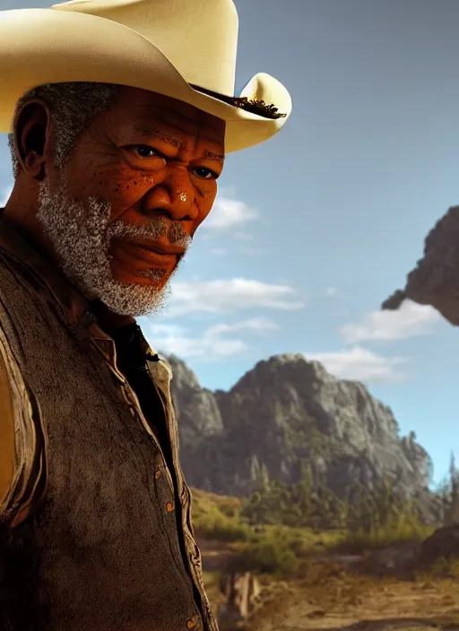 Prompt: an film still of morgan freeman as cowboy with beard, western background unreal engine. amazing likeness. very detailed.