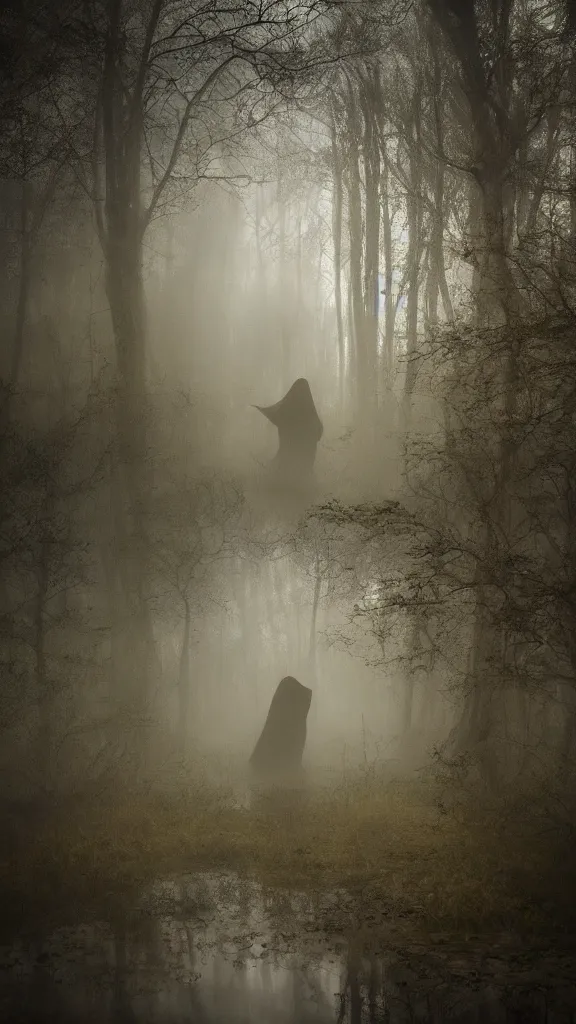 Image similar to photo of a mystical figure in golden robes sneaking through a swamp in the fog, cinematic lighting, highly detailed, horror