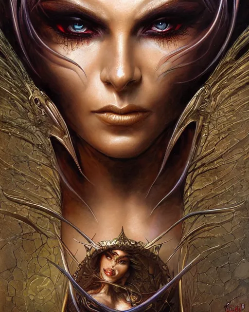 Image similar to a highly detailed airbrush painting of an evil female fantasy sorceress with piercing beautiful eyes art by karol bak and donato giancola and mark brooks, centered, full size, hires, 4 k, high resolution, sharp focus