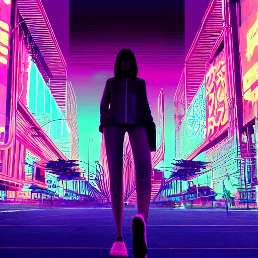 Prompt: a woman walking through a synthwave city, intricate artwork by tooth wu and wlop and beeple, octane render, hyper realism, 8 k