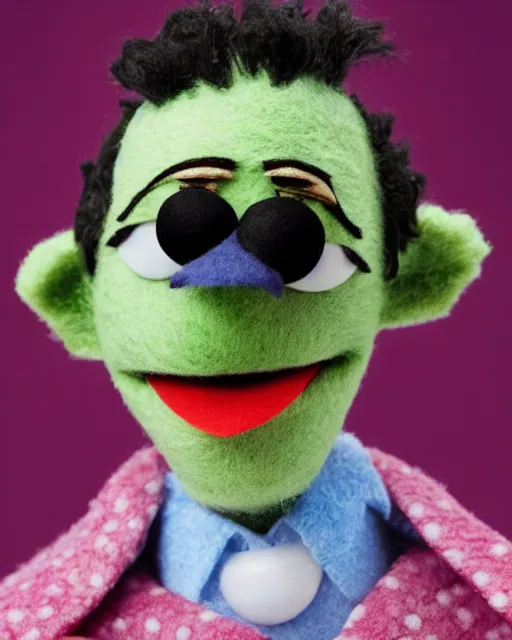 Image similar to bj novak as a muppet. highly detailed felt. hyper real photo. 4 k.