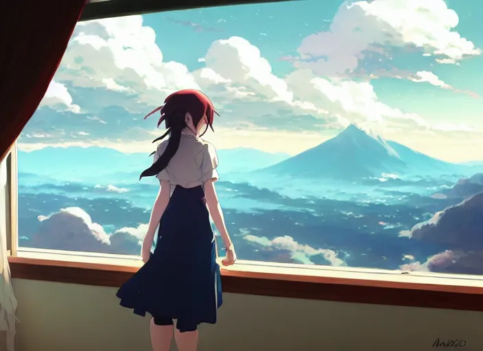 Image similar to a girl standing in a dress looking out a window at mountains, large storm clouds on the horizon, landscape, by makoto shinkai an krenz cushart