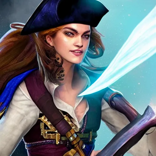 Prompt: a swashbuckling pirate with iridescent!!!! skin!!!!!, she is holding melee weapons
