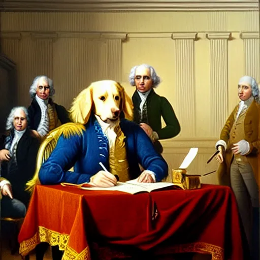 Prompt: oil painting of a golden retriever signing the declaration of independence with a feather pen, trending on artstation