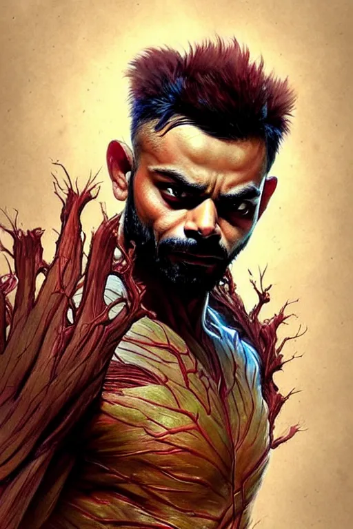 Prompt: Virat Kohli as Groot, Groot costume, Virat Kohli Face, cute, portrait, masculine figure, highly detailed, digital painting, artstation, concept art, smooth, sharp focus, illustration, cinematic lighting, art by artgerm and greg rutkowski and alphonse mucha