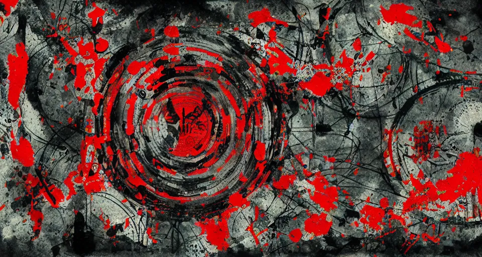 Image similar to category b film poster with trace of a shot in centre, ink painting with patterns, texture, blood splatter on the sides, focus render, painting, grainy tape, distortion, few details,