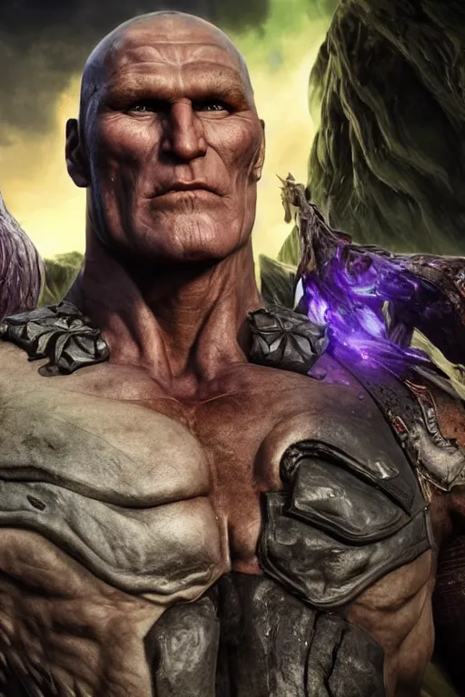 Prompt: portrait of dolph lundgren as destruction of the endless, the sandman, herculean thanos, conan the barbarian, second life avatar, the sims 4
