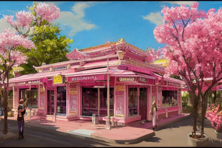 Image similar to painting of waffle house front view, rococo style, greek architecture, pink marble building, sakura trees, sakura season dynamic lighting, landscape, artwork by jeremy lipkin and giuseppe dangelico pino and michael garmash and rob rey and greg manchess and huang guangjian and makoto shinkai, pixiv, 1 0 0 mm