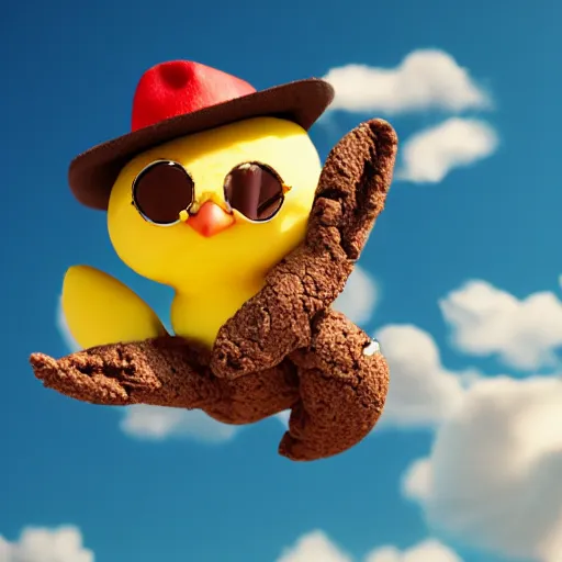 Prompt: a cute baby chick, made out of chocolate cookies, wears fancy cool clothes, fashion sunglasses and a baseball cap, jumps in the air. cute 3 d render by pixar