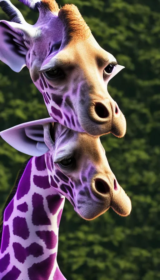 Image similar to A beagle centered-photograph of purple giraffe, film still, dynamic action pose, National Geographic, insane detail, intricate, highly detailed, Zeiss Lens, DSLR photography, smooth, sharp focus, Unreal Engine 5, Octane Render, Redshift, 8K