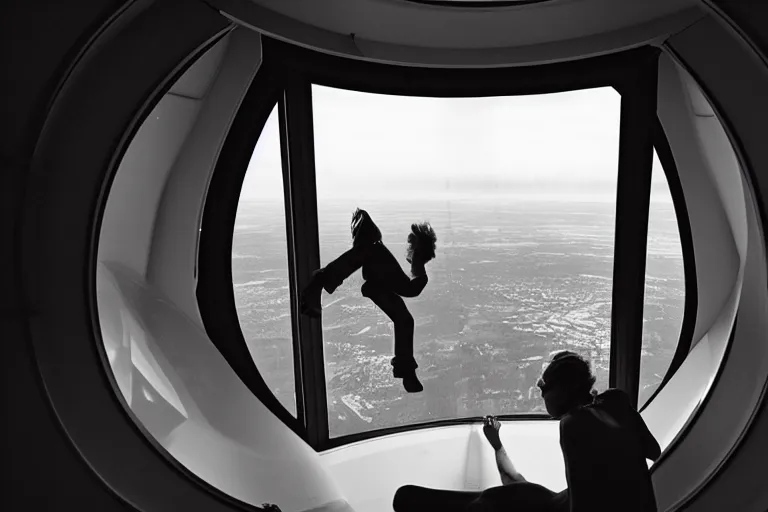 Image similar to sci-fi scene of space tourists in glamourous spaceship bedroom looking out large circular window at earth orbit By Emmanuel Lubezki