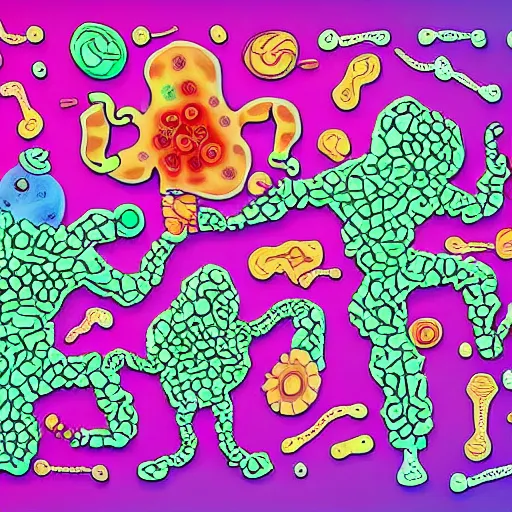 Prompt: bacteria, microbes, virus, dancing in a miniature colorilful world, a poster in the style of push pin studios