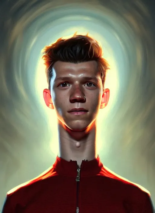 Image similar to portrait of tom holland with hazel eyes, hazel eyes, red shirt, intricate, elegant, glowing lights, highly detailed, digital painting, artstation, concept art, smooth, sharp focus, illustration, art by wlop, mars ravelo and greg rutkowski