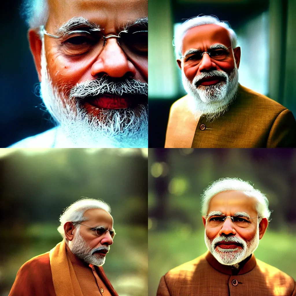 Prompt: A Hyper realistic and detailed portrait photography by Annie Leibovitz of Narendra Modi. Agfa Vista 400 film. Detailed. Depth of field. lens flare. moody. cinematic. warm light. realistic. expired film.