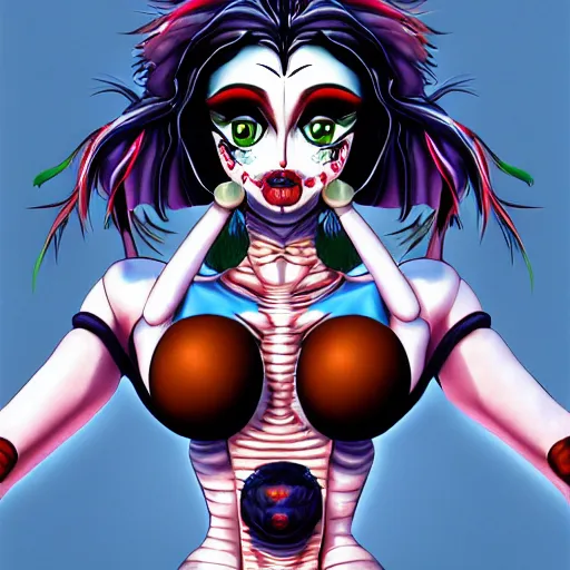 Prompt: 4K headshot of sexy goddess clown woman with and open hands and with full bodied chest , intricate face , flawless anime cel animation by Kentaro Miura, psychedelic , highly detailed upper body , professionally post-processed , beautiful, scary, symmetry accurate features, epic, octane rendered, anime masterpiece, accurate