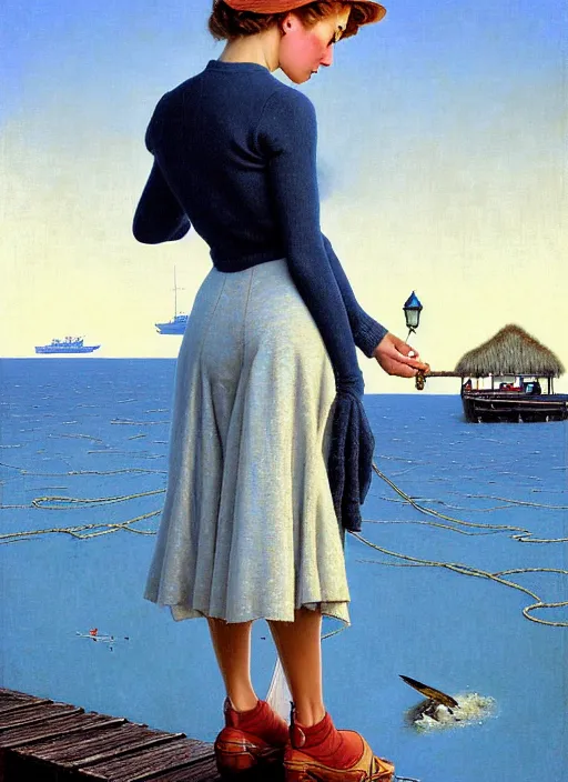 Prompt: a fancy beautiful young lady standing on a wharf at the edge of the sea by rob gonsalves and gil elvgren and harry ekman and george petty and hilo chen and norman rockwell, crisp details, hyperrealism, high detail, high contrast, low light, grey mist, cobblestones, dim lantern