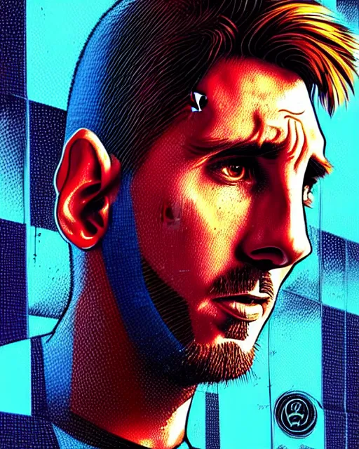 Prompt: messi, character portrait, portrait, close up, concept art, intricate details, highly detailed, sci - fi poster, cyberpunk art, in the style of looney tunes