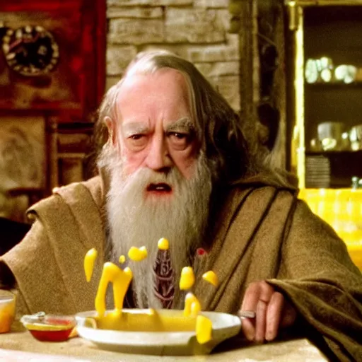 Prompt: Dumbledore from harry potter eating a hot dog messily, mustard and ketchup, high quality image from the movies