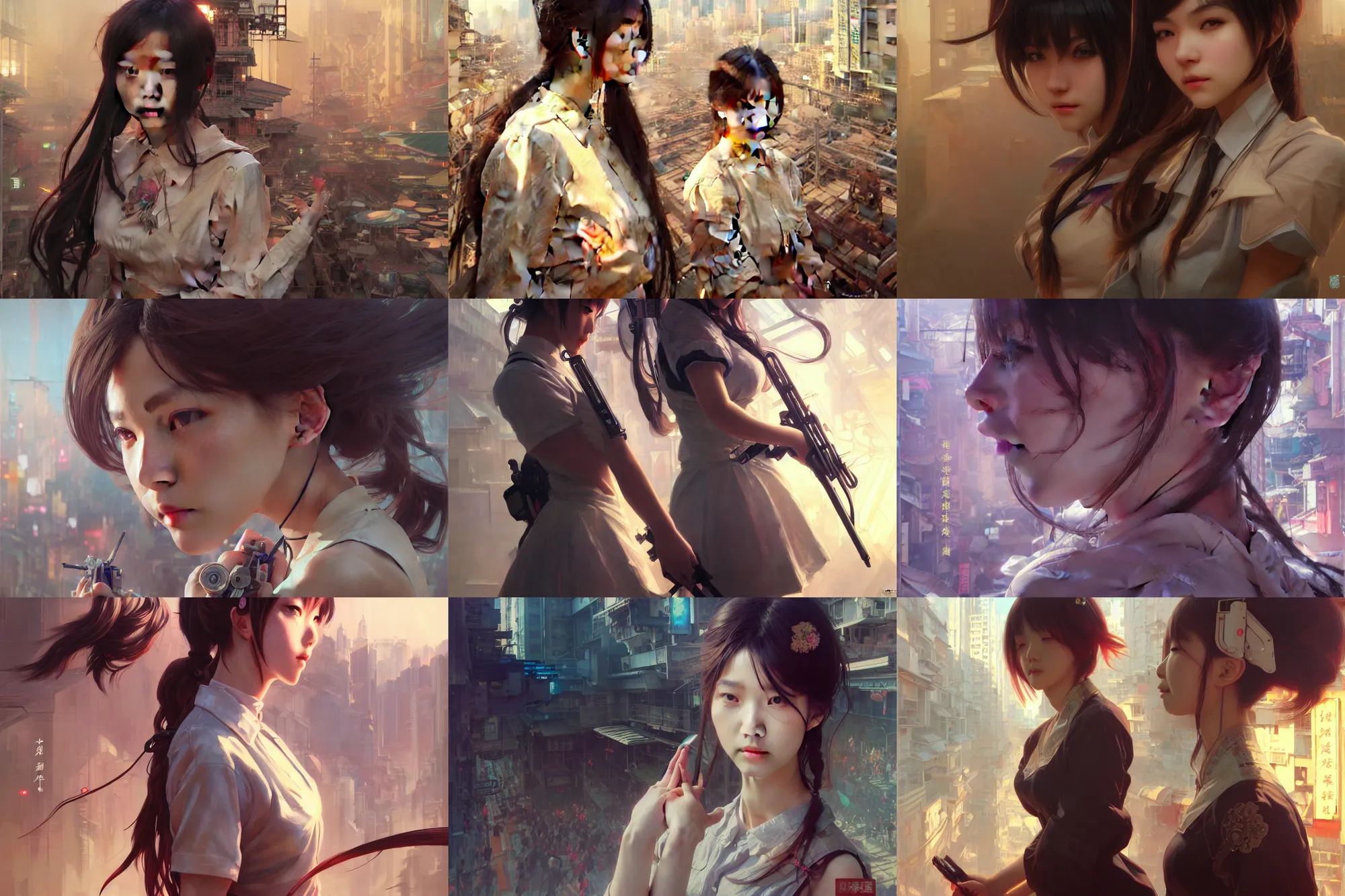 Prompt: ultra realistic beautiful kowloon techno art, beautiful alluring anime schoolgirl, gorgeous face and figure, sci - fi, intricate, elegant, highly detailed, digital painting, artstation, concept art, smooth, sharp focus, illustration, art by tian zi and yuxiang chen and alphonse mucha and greg rutkowski