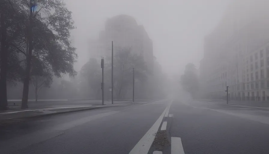 Prompt: empty washington streets covered by vegetation, fog, wet roads, cold, hyperdetailed, artstation, cgsociety, 8 k