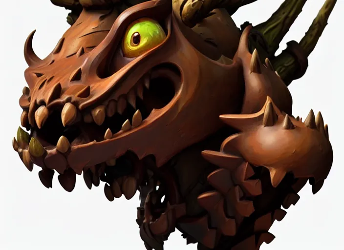 Image similar to brown wooden festeroot dragonskull treant head, stylized stl, 3 d render, activision blizzard style, hearthstone style, darksiders art style, greg rutkowski style