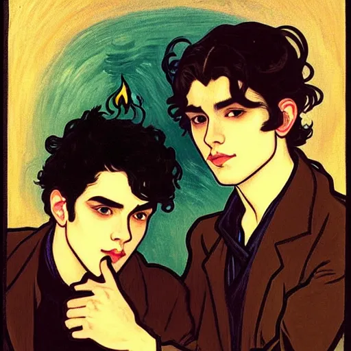 Image similar to painting of young cute handsome beautiful dark medium wavy hair man in his 2 0 s named shadow taehyung and cute handsome beautiful min - jun together at the halloween party, bubbling cauldron, candles, smoke, tarot, autumn colors, elegant, stylized, soft facial features, delicate facial features, art by alphonse mucha, vincent van gogh, egon schiele