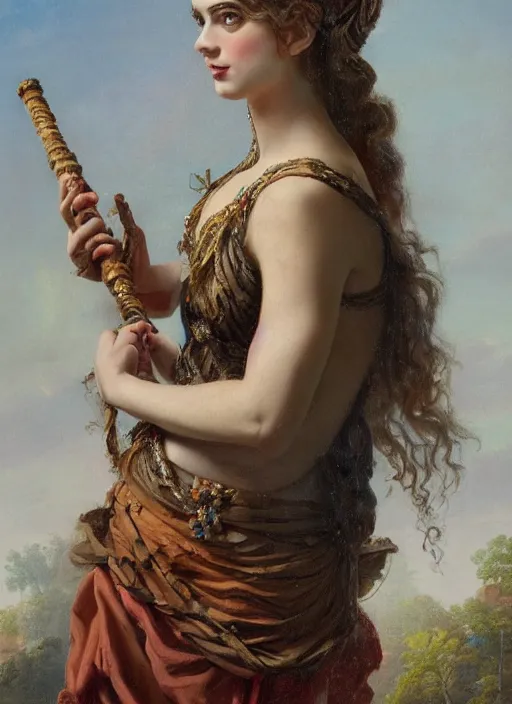 Prompt: A super-detailed portrait of the young bacchante with Thrysos staff by Max Nonnenbruch