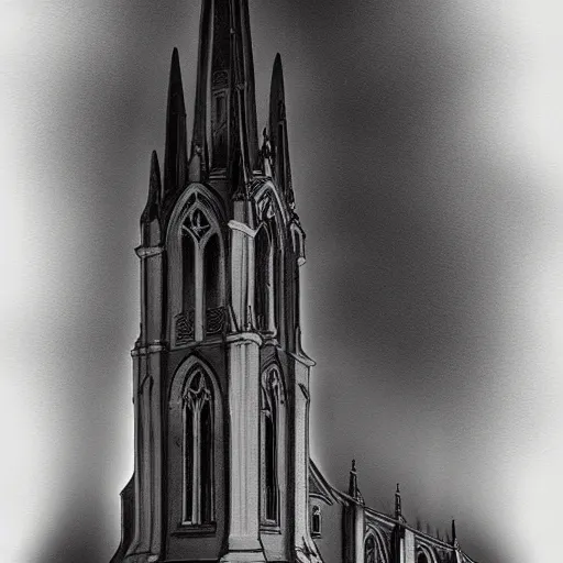 Image similar to victorian church, dark, misty, at night, 8 k, detailed, concept art, trending on artstation