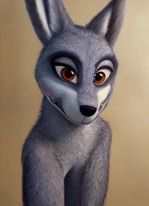 Image similar to oil painting detailed full body of anthromorphic female wolf, in style of zootopia, zootopia, zootopia, fursona, furry, furaffinity, 4 k, deviantart, furry art, fursona art, wearing black business suit, business suit, in style of zootopia, wolf fursona, cyberpunk, female, expressive, detailed feminine face,