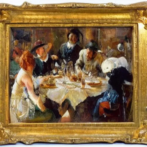 Image similar to a beautiful sculpture of a group of people gathered around a table in a tavern. they are all eating and drinking, and appear to be enjoying themselves. buff by arthur streeton playful, incredible