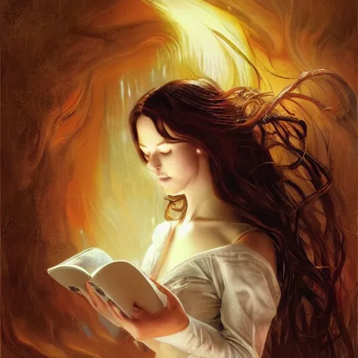 Prompt: a girl reading a book, her hair flowing down, by karol bak, ayami kojima, artgerm, smile, concept art, fantasy